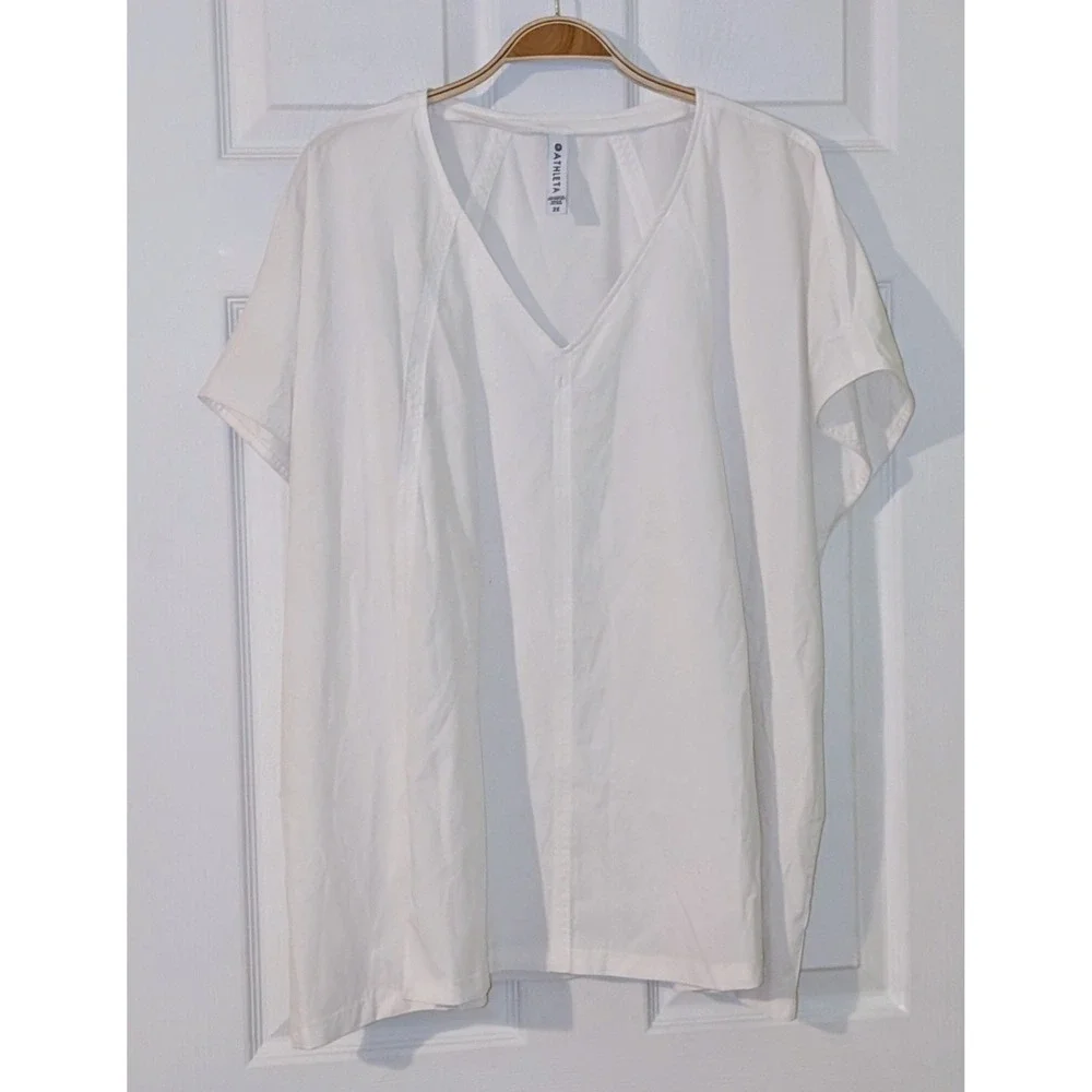 Athleta White V Neck Short Sleeve Scrub Top‎ Plus Size 2X Side Slits Relaxed Fit